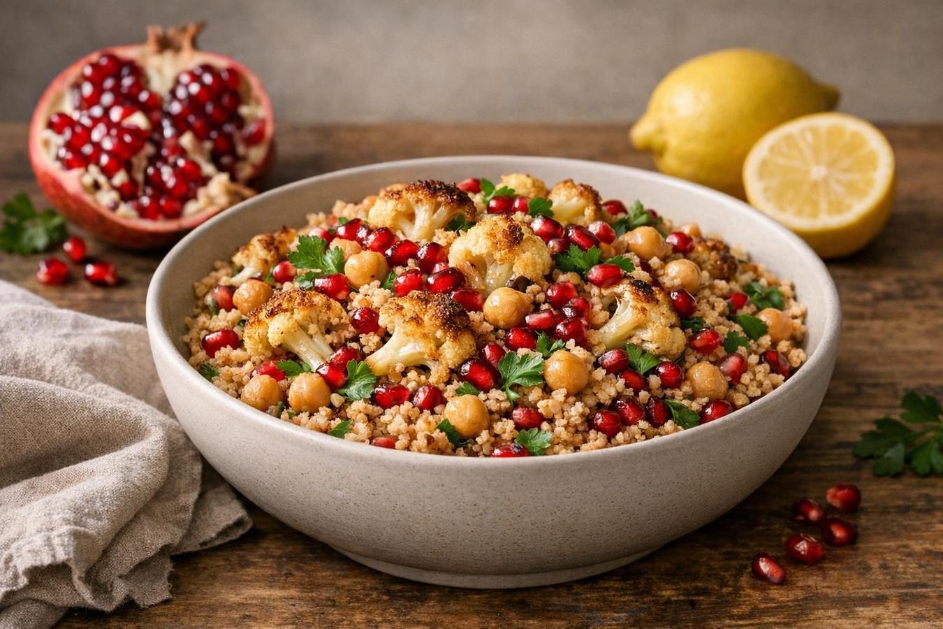 Couscous autunnale con cavolfiore arrosto, ceci e melagrana