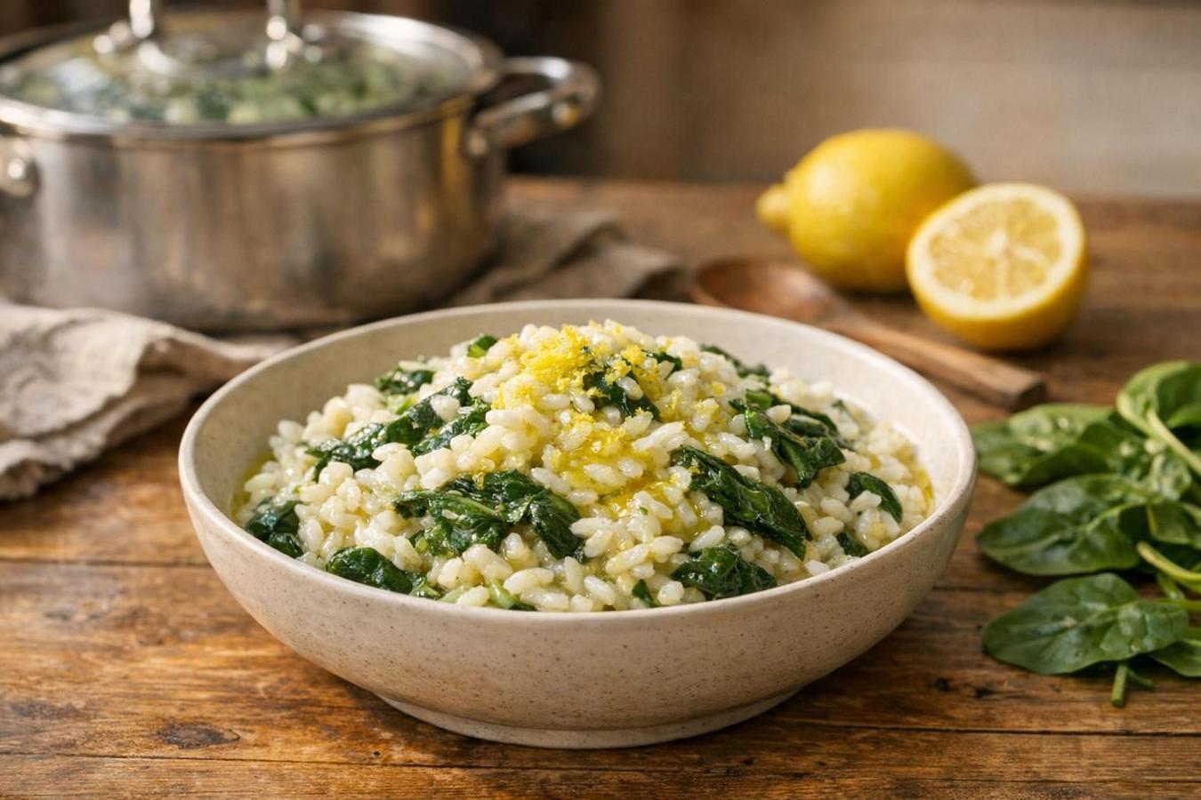 Riso al limone con spinaci d&rsquo;autunno: una pentola per le sere di ottobre