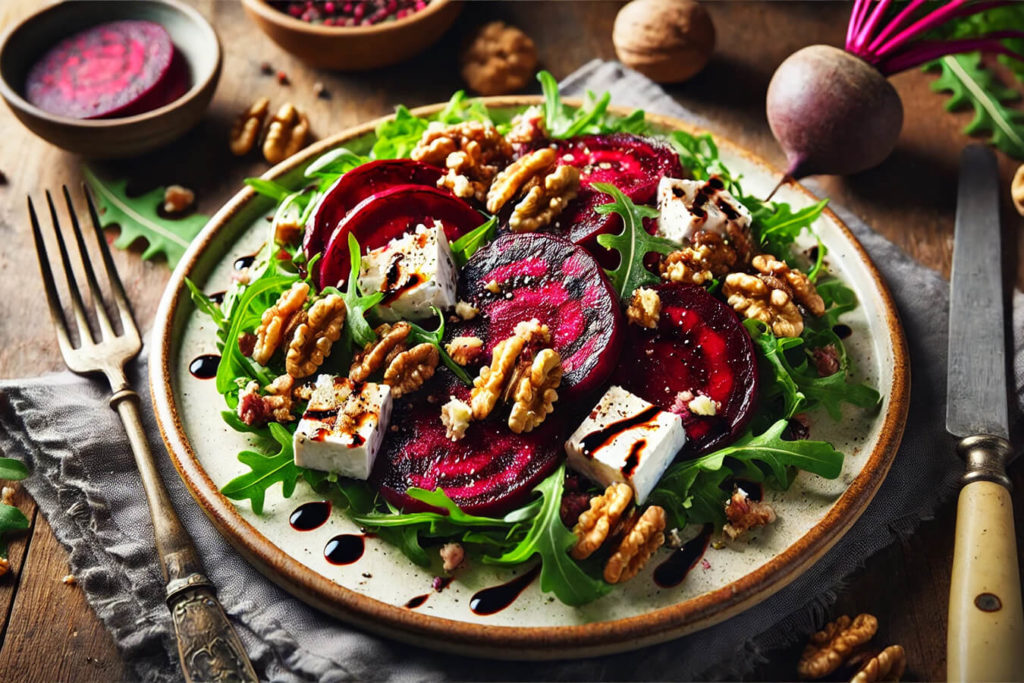 Insalata di Barbabietole Arrosto con Noci e Formaggio di Capra