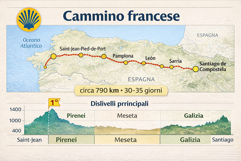 Cammino francese: mappa e altimetria