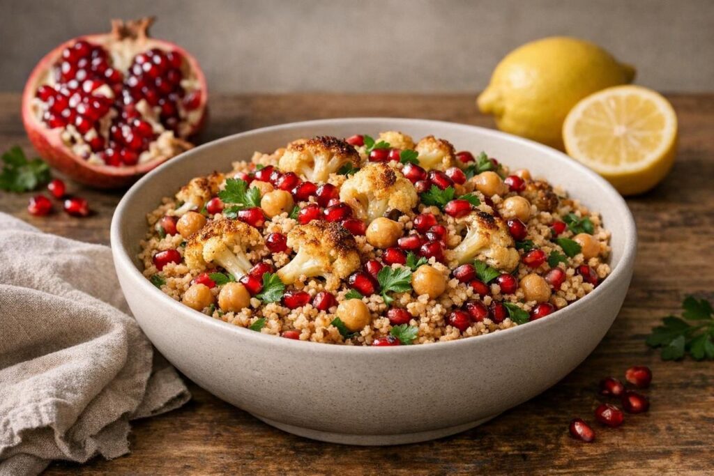 Couscous autunnale con cavolfiore arrosto, ceci e melagrana