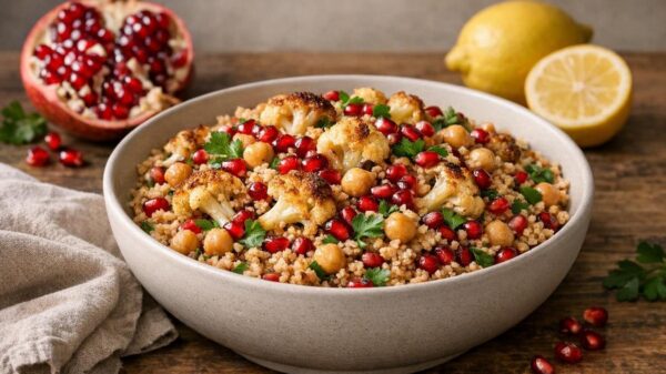 Couscous autunnale con cavolfiore arrosto, ceci e melagrana