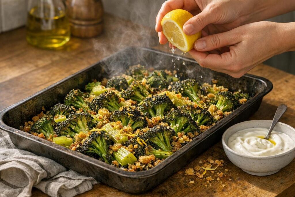 Broccoli d’ottobre in teglia: cottura sfalsata per gambi teneri e cimette dorate