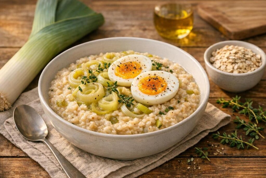 Porridge salato con porri e uova: una cena calda pronta in mezz’ora