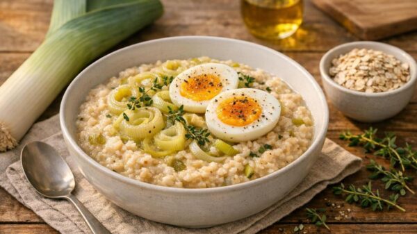 Porridge salato con porri e uova: una cena calda pronta in mezz’ora